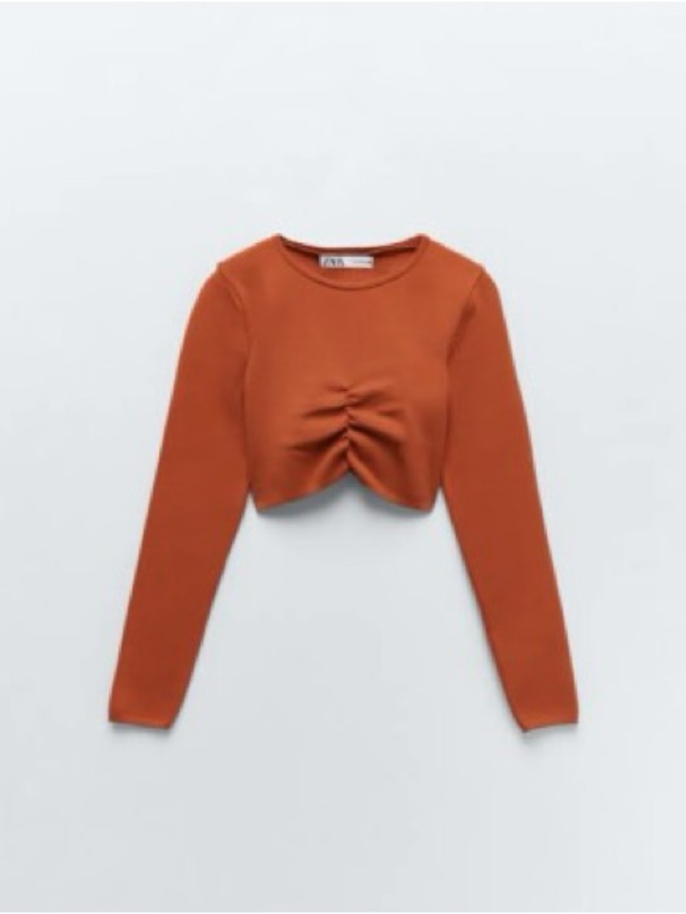 Zara Brick Orange Long-Sleeve Cropped Ruched Top